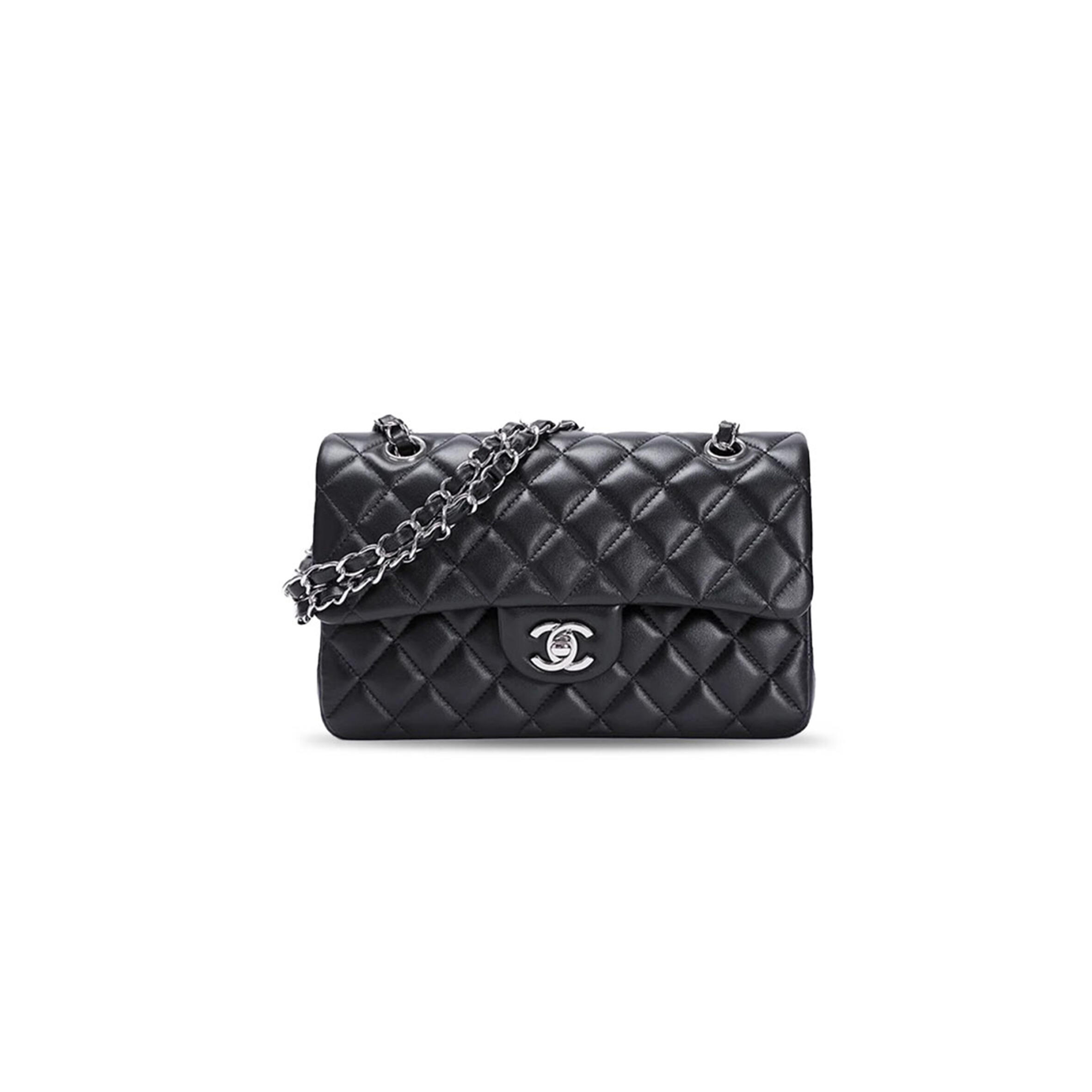 CHANEL MASTER SMALL CLASSIC DOUBLE FLAP BLACK LAMBSKIN SILVER HARDWARE A01113 (23*14.5*6cm)